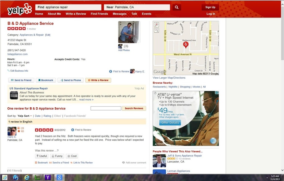 Yelp Listing for B&D Appliance Service Palmdale, CA on 11-4-2013