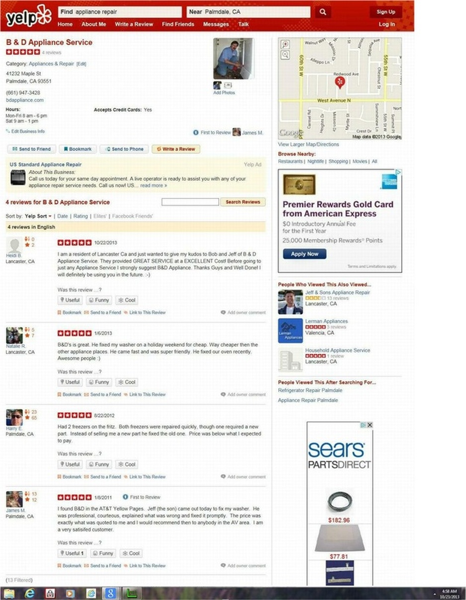 Yelp Page for B&D Appliance Service in Palmdale, CA 10-23-2013